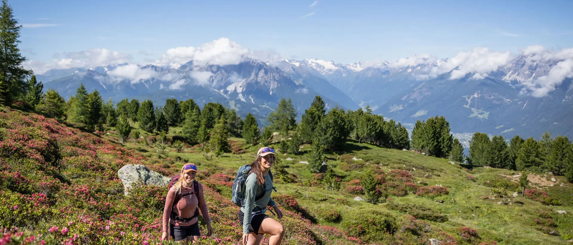 Zwei Wanderinnen auf Bergpfad mit Almrosen vor Alpenpanorama | © Innsbruck Tourismus, Eye5 - Jonas Schwarzwälder