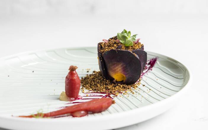 Poached carrot tartlet