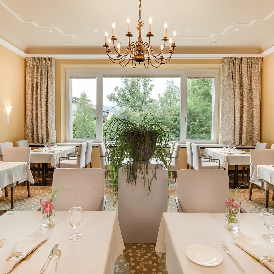 Restaurant interior with tables, chairs, chandelier and window overlooking the greenery
