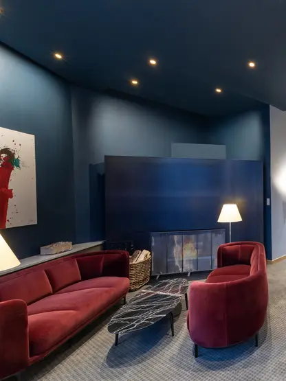 Fireplace corner with sofa and table