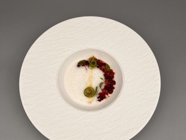 Asparagus and fennel soup with strawberries and green pepper
